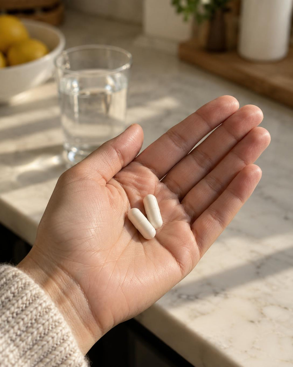 Two ZAYN capsules held in a hand beside a glass of water