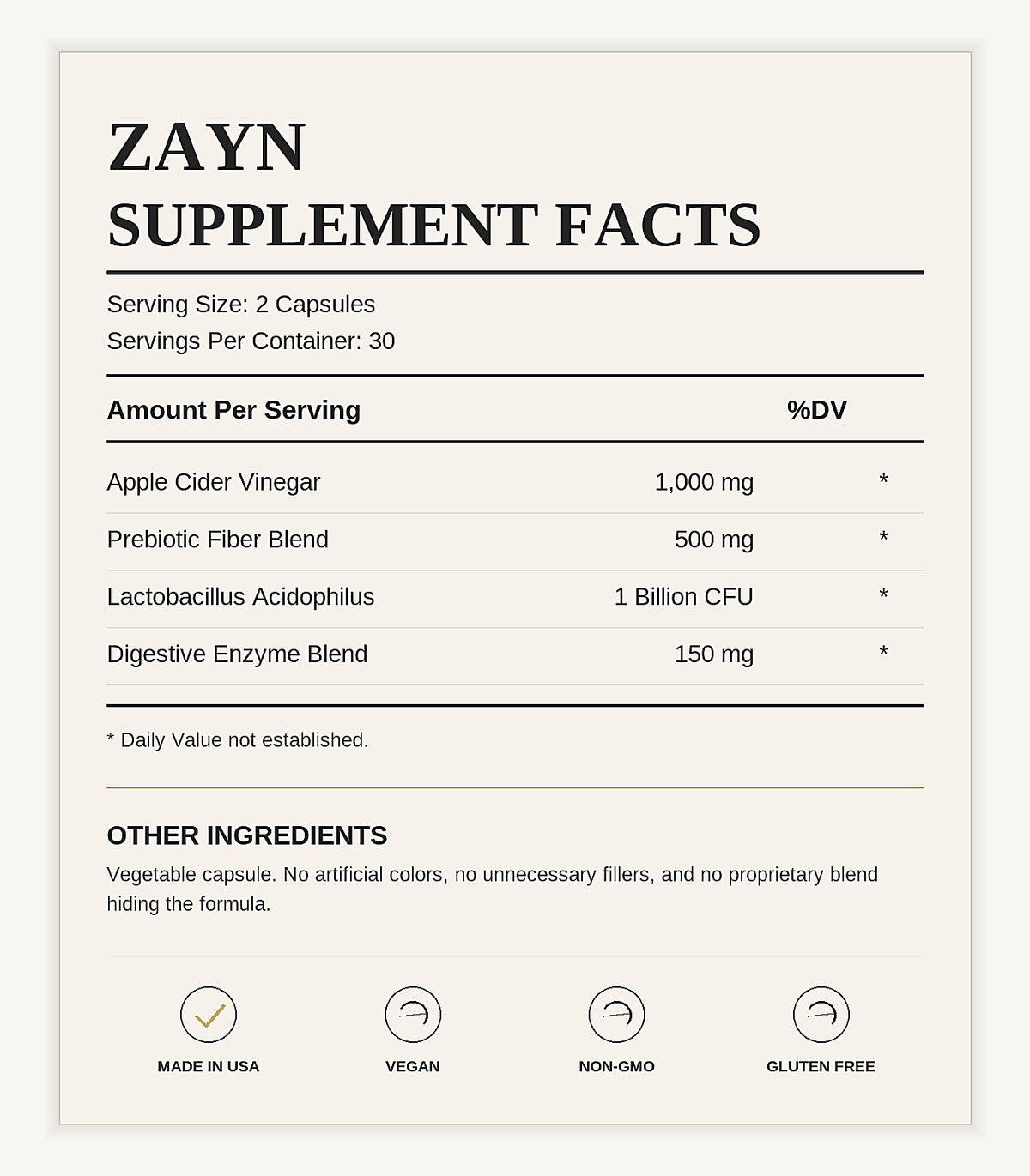 ZAYN Supplement Facts label