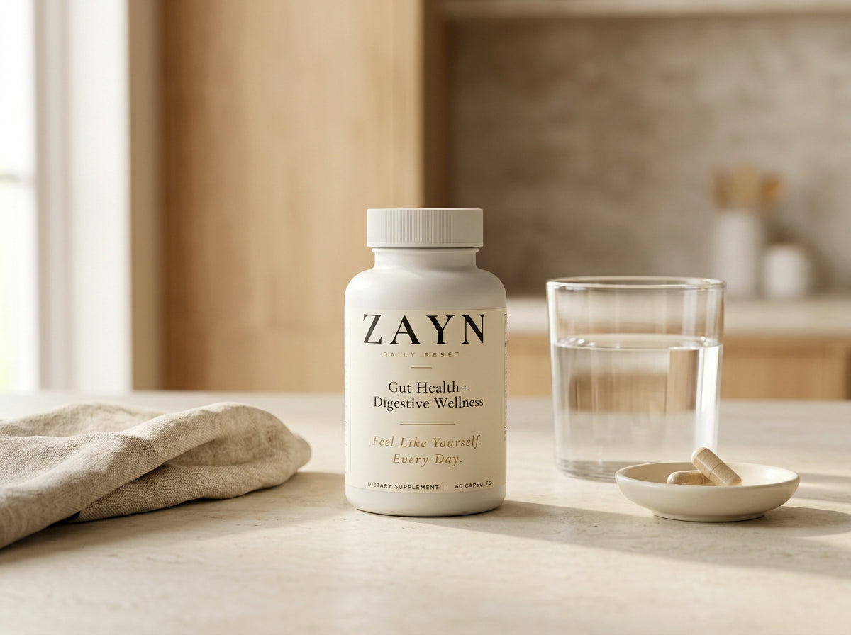 ZAYN Gut Reset bottle on a sunlit kitchen counter