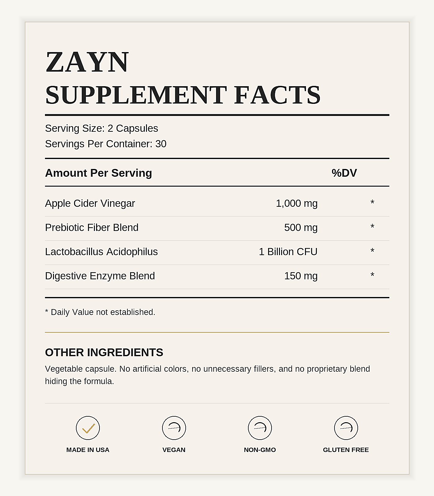 ZAYN Supplement Facts panel